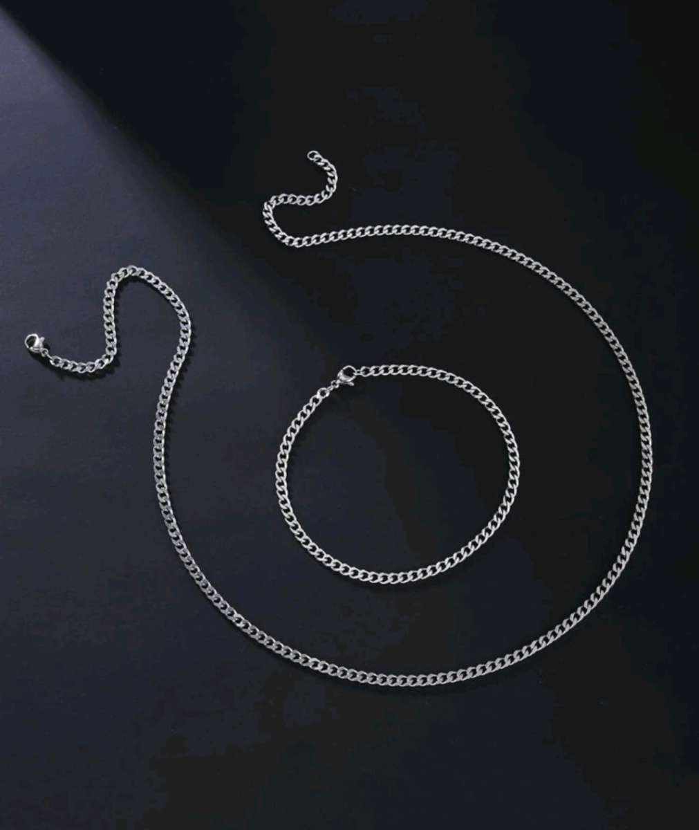 1set Men`s Fashionable Hip Hop Simple Chain Bracelet And Necklace Stainless Steel Jewelry Set