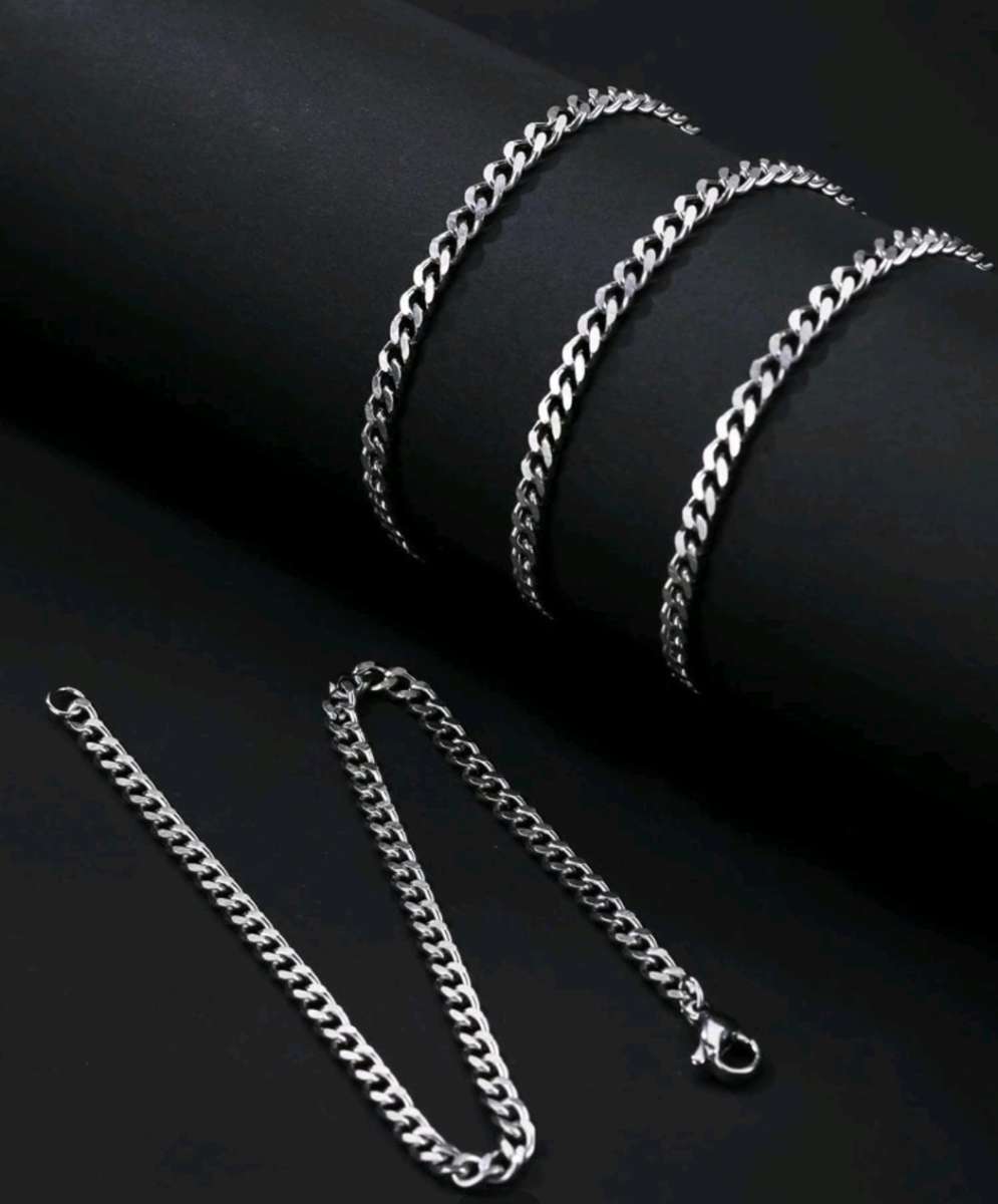1set Men`s Fashionable Hip Hop Simple Chain Bracelet And Necklace Stainless Steel Jewelry Set