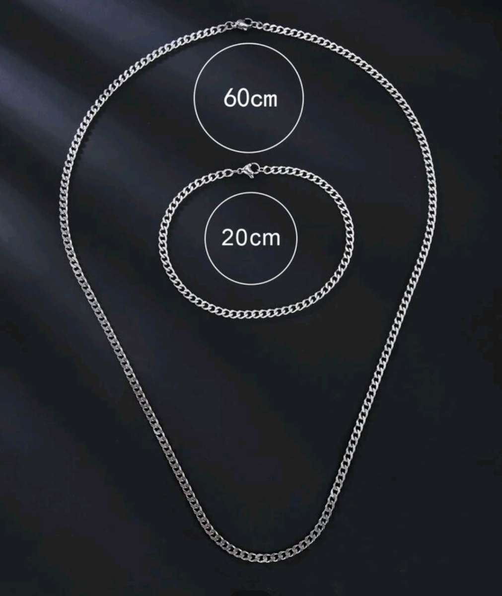 1set Men`s Fashionable Hip Hop Simple Chain Bracelet And Necklace Stainless Steel Jewelry Set