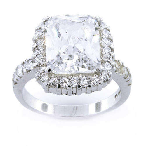 Breath-taking Emerald Cut Engagement Ring in Platinum Look Finish - Size 7