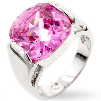 Bezel set Pink CZ Cocktail Ring in White Gold Rhodium bond - Size 8