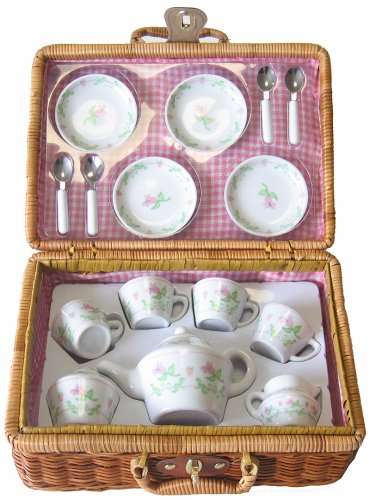 Deluxe Porcelain Tea Set in Wicker Basket