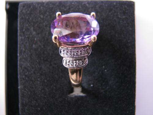 9CT SOLID GOLD REAL DIAMOND 5.0CT AMETHYST RING