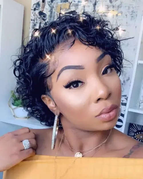8 inch Peruvian curly pixie wig with 3 part closure