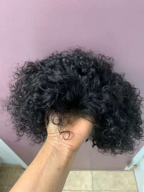 8 inch Peruvian curly pixie wig with 3 part closure