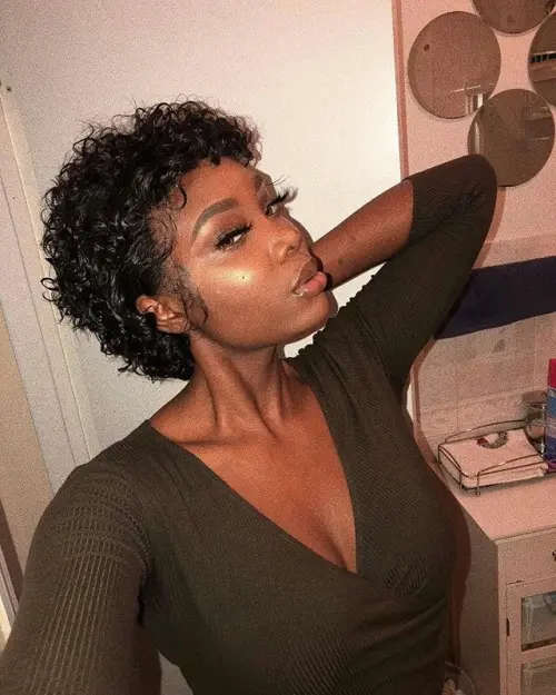 8 inch Peruvian curly pixie wig with 3 part closure