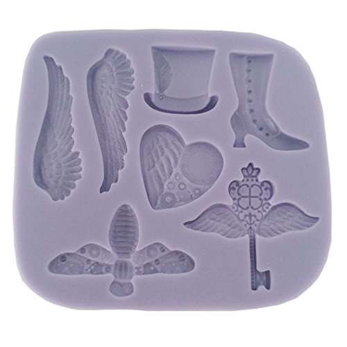 Silicone fondant mould Heart, wings, tophat, shoe. size of mould 10c8.5cm