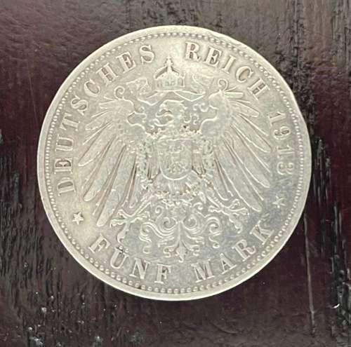 GERMAN 5 Mark 1913 A PRUSSIA Kaiser WILHELM II 90% Silver Coin Empire WW1