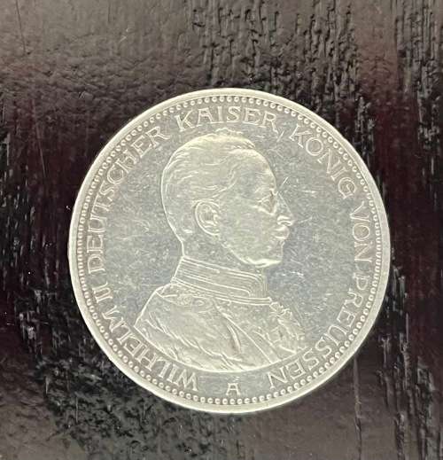 GERMAN 5 Mark 1913 A PRUSSIA Kaiser WILHELM II 90% Silver Coin Empire WW1