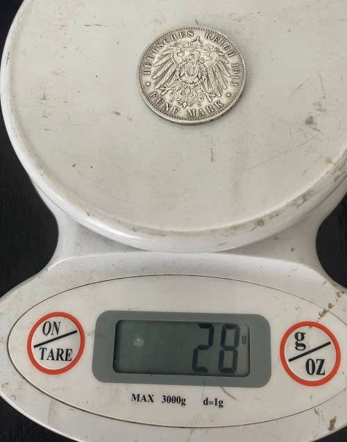 GERMAN 5 Mark 1913 A PRUSSIA Kaiser WILHELM II 90% Silver Coin Empire WW1