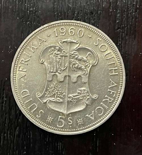 1960 Union of  South Africa - 5 Shilling Silver coin - Circulated, 29 Grams (UNI20)