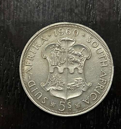 1960 Union of  South Africa - 5 Shilling Silver coin - Circulated, 28 Grams (UNI21)