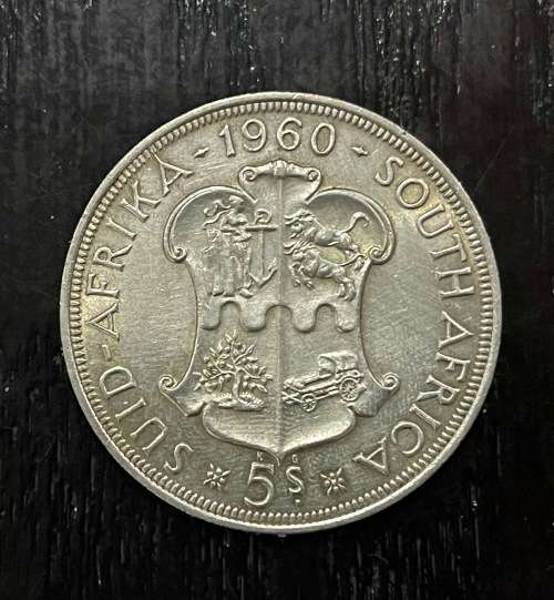 1960 Union of  South Africa - 5 Shilling Silver coin - Circulated, 28 Grams (UNI23)