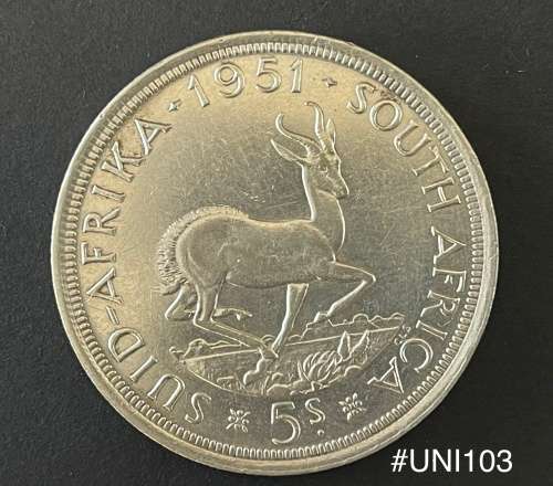 1951 Union of  South Africa - 5 Shilling Silver coin - Circulated, 28 Grams (UNI103)