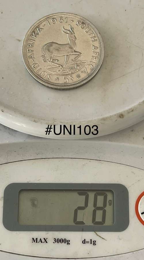1951 Union of  South Africa - 5 Shilling Silver coin - Circulated, 28 Grams (UNI103)