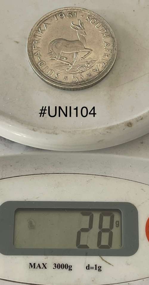 1951 Union of  South Africa - 5 Shilling Silver coin - Circulated, 28 Grams (UNI104)