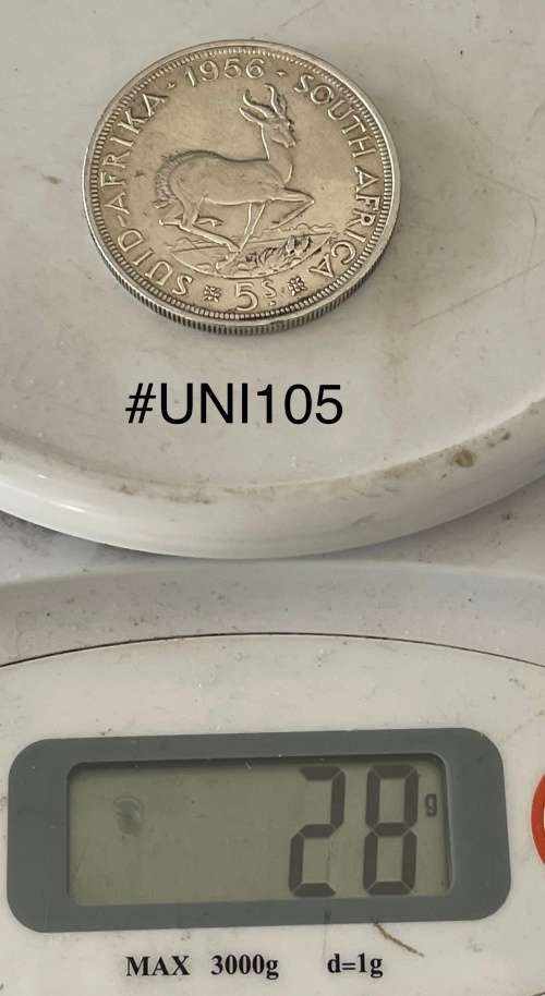 1956 Union of  South Africa - 5 Shilling Silver coin - Circulated, 28 Grams (UNI105)