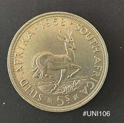 1958 Union of  South Africa - 5 Shilling Silver coin - Circulated, 28 Grams (UNI106)