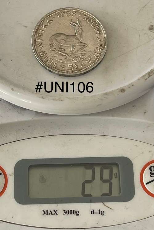 1958 Union of  South Africa - 5 Shilling Silver coin - Circulated, 28 Grams (UNI106)