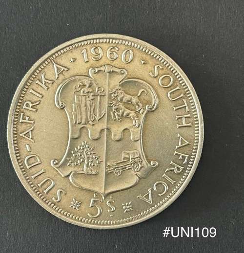 1960 Union of  South Africa - 5 Shilling Silver coin - Circulated, 26 Grams (UNI109)