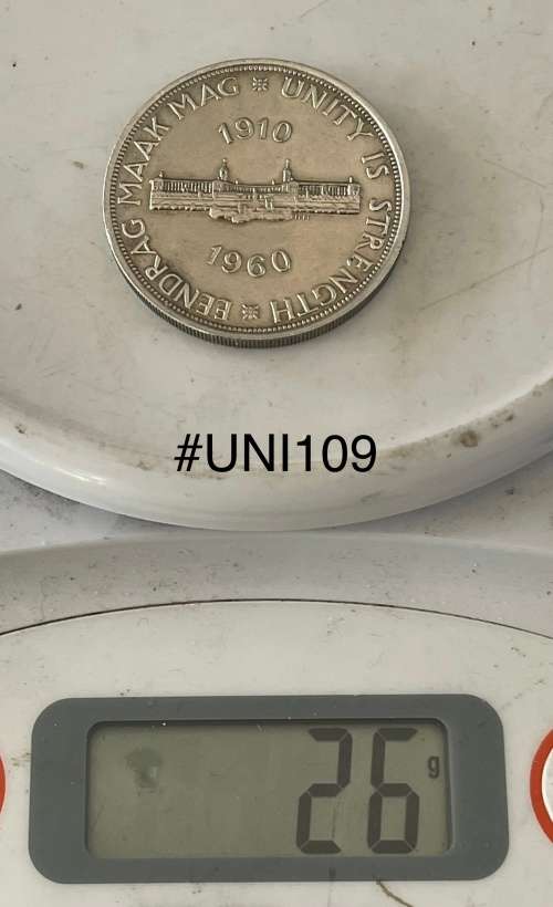 1960 Union of  South Africa - 5 Shilling Silver coin - Circulated, 26 Grams (UNI109)