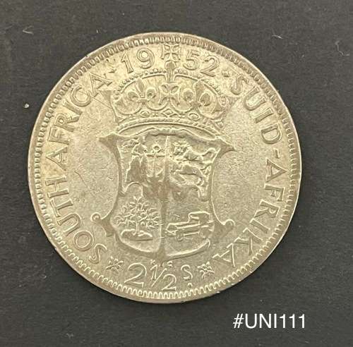 1952 Union of  South Africa - 2-1/2 Shilling Silver coin - Circulated, 14 Grams (UNI111)