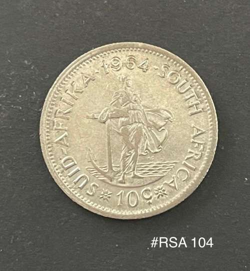 1964 Republic of South Africa - 10c. (10 Cent) Silver coin - Circulated, 6 Grams (RSA104)