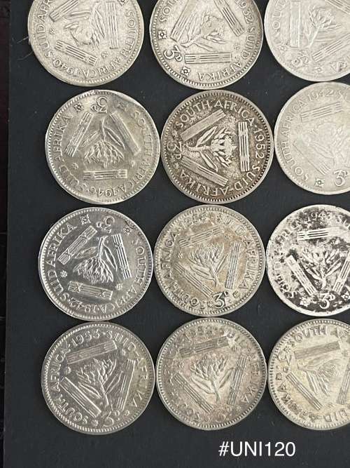 1932-1953 Union of  South Africa - 3d. Silver coins - Circulated (Bid for the lot) 30 Grams (UNI120)