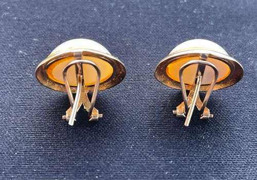 9CT GOLD, GENUINE VINTAGE 19MM MABE PEARL EARRINGS WITH OMEGA CLIP and PIN - 6.61 GRAMS ( 32.95 CT)