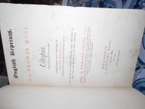 UTOPIA -  MORE,THOMAS,SIR 1 March 1869 no. 14 ANTIQUE BOOK Transl Ralph Robinson Ed Edward Arber.