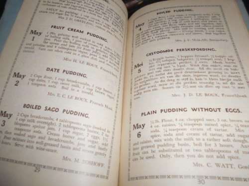 Calendar of Puddings/Poedings - Cape Prov. Womens agriculture association