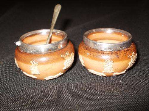 X2 RARE ROYAL DOULTON LAMBETH SILVER TOP SALTS............