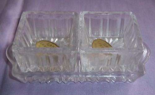 SET OF CRYSTAL SALT POTS ON A TRAY