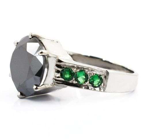 CLEARANCE**CERTIFIED 6.50 Ct AAA Genuine Black Diamond Solitaire Ring With Emerald Accents**