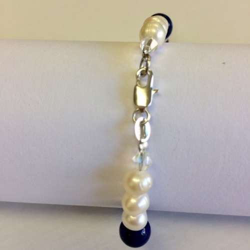 GENUINE PEARL AND LAPIS LAZULI BRACELET - STERLING SILVER CLASP