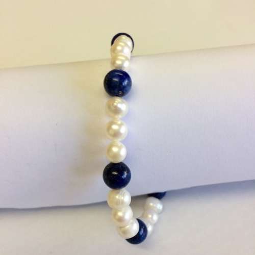 GENUINE PEARL AND LAPIS LAZULI BRACELET - STERLING SILVER CLASP