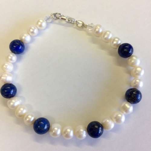 GENUINE PEARL AND LAPIS LAZULI BRACELET - STERLING SILVER CLASP