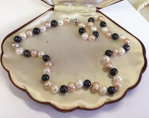 Genuine Cultured Pearl Necklace | White Peach and Black | Classic and Elegant
