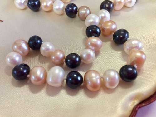 Genuine Cultured Pearl Necklace | White Peach and Black | Classic and Elegant