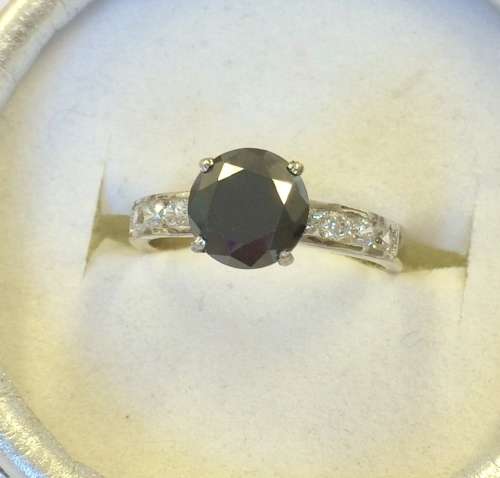 1.75cts Genuine Black Diamond Ring with Simulated Side Diamonds  - Sparkly!