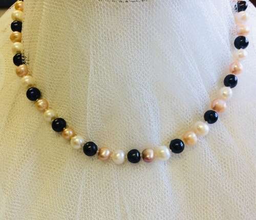 Genuine Cultured Pearl Necklace | White Peach and Black | Classic and Elegant
