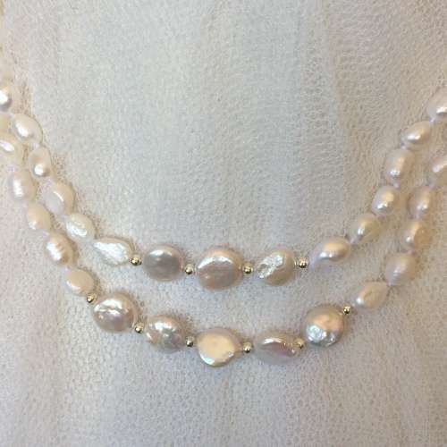 Genuine Pearl Baroque and Coin Double Strand Necklace - Beautiful