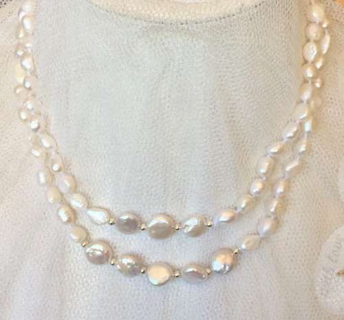 Genuine Pearl Baroque and Coin Double Strand Necklace - Beautiful