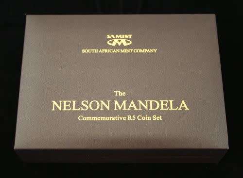 2 x Nelson Mandela Commemorative R5 Coin Box with 2 x UNC 2008 Birthday Coins