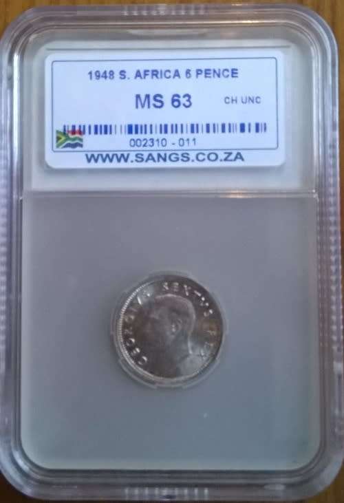 1948 SA 6 PENCE SANGS SLABBED MS 63