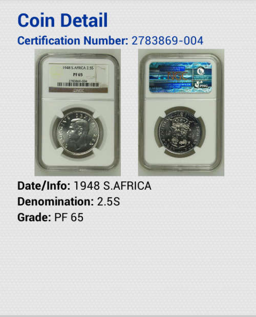 1948 2.5 SHILLING  PF65   MINTAGE 1120  BOOK VALUE  R2 850