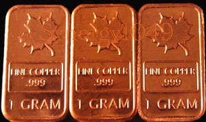 Copper Bullion Bar .999 Pure 1 Gram Maple Series *NEW*