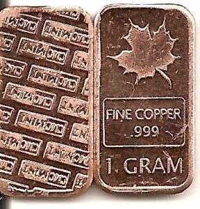 Copper Bullion Bar .999 Pure 1 Gram Maple Series *NEW*