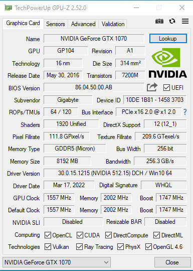 GIGABYTE GTX 1070 WindForce 2X OC Rev. 1.0 (Excellent Condition)