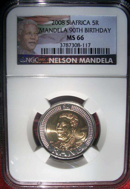 2008 South Africa 5 Rand - Mandela 90th Birthday - NGC Graded MS66 ** Color Label** Don't miss out!